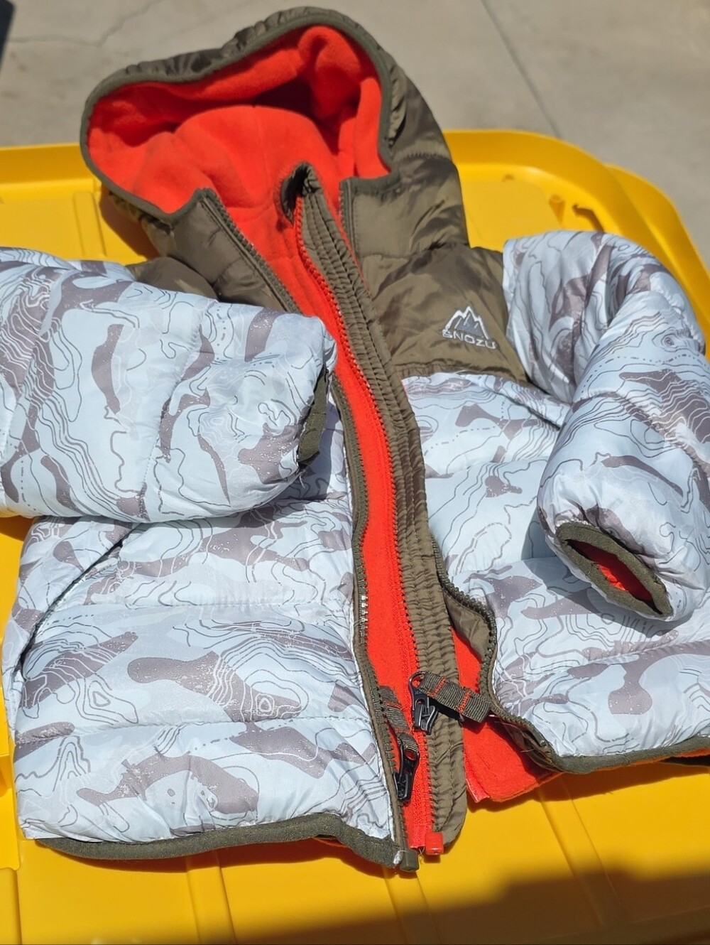 Snozu Kids Olive & Red Puffer Jacket with Gray Camo